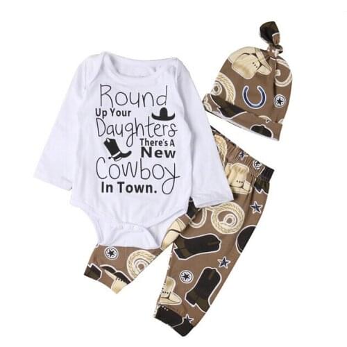 Long Sleeve Cotton Newborn Baby Boy Girl Cowboy Letter Print Romper Pants Leggings Hat 3pcs Outfits Clothes Set Costume Clothing