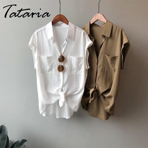 Korean Fashion Woman Blouses 2021 Summer Beautiful Womens Shirts Casual Trend Sleeveless Shirt Vintage Female Khaki Loose Tops