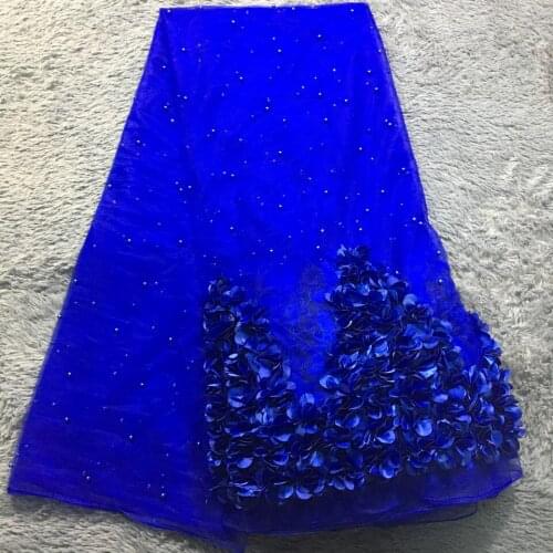 Royal blue Gorgeous Floral french lace top grade African net lace tulle fabric with 3D Appliques beads 5 yards/PC M23621