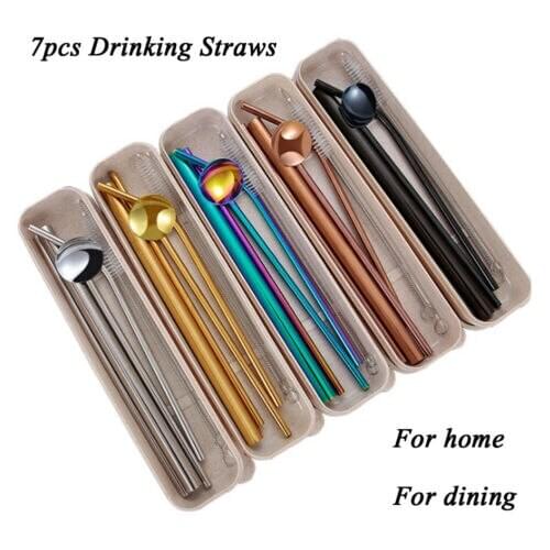 Colorful Home 7pcs Stainless Steel Thick Fine Drinking Straws Spoon Brush Kits Convininent Straws Set