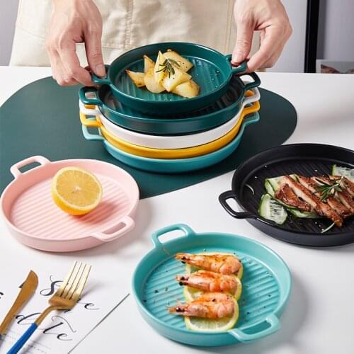 Nordic Round Binaural Oven Plate Ceramic Plate Home Breakfast Flat Plate Microwave Baking Pan Western Food Plate