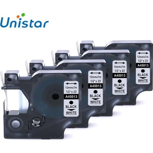 Unisatr 4pcs Label Tape Compatible for Dymo Self-Adhesive for D1 Tape 45013 for DYMO Printer Ribbons 12mm*7m Black on White