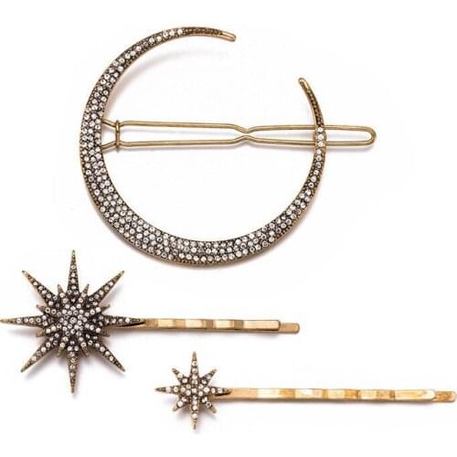 Fashion Crystal Rhinestone Star Moon Snowflake Hair Clip Set Women Girls Jewelry Hair Accessories Alloy Hair Pins 3Pcs/set