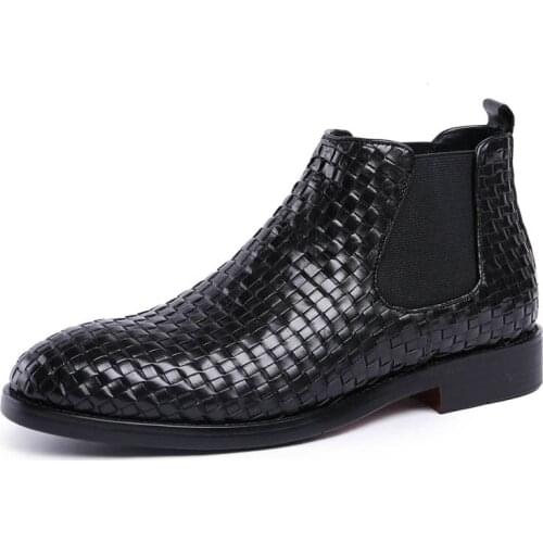 2020 New Weave Men Genuine Leather Ankle Boots Office Party Fashion Casual Chelsea Boots Male Black Coffee Round Toe Dress Shoes