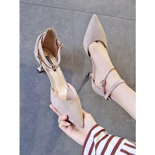 2021 spring and autumn new word buckle female French girl pointed fairy style stiletto sexy high heels