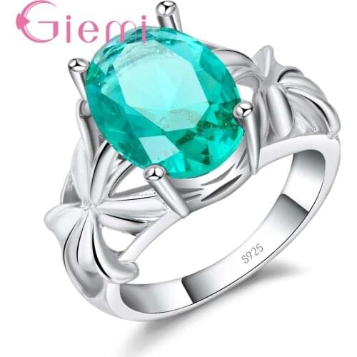 New Stylish Fashion Hollow Flower Ring Inlaid Big Oval Green Cubic Zircon Women Wedding Jewelry Pure Silver Anel