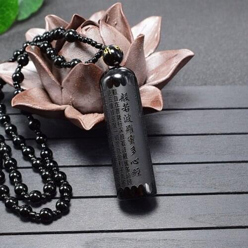 Natural black obsidian cylindrical Prajnaparamita Sutra Necklace Amulet pendant bead With adjustable bead chain