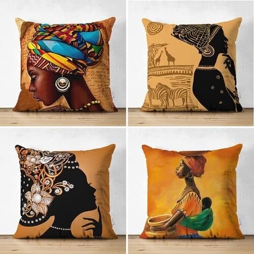 Realhomes Double Sided Africa Lady Themed Modern Decorative 4'lü Suede Cushion Pillow decorate Case Set