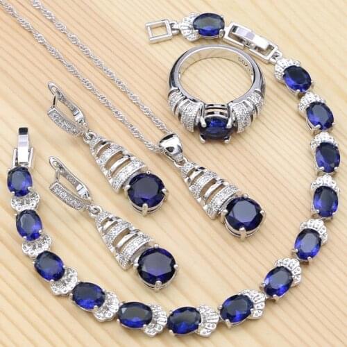 925 Silver Jewelry Set for Women Blue Cubic Zirconia Crystal Ring Bracelet Necklace Pendant Earrings Bridal Jewelry Kit