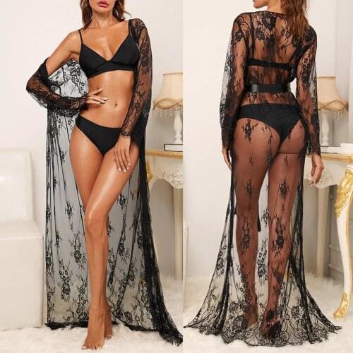 Sexy Perspective Pajamas Robe Sleepwear Underwear Lingerie Satin Silk Belt Slim Women V-neck Gown Long Sleeve Lace Dress Solid