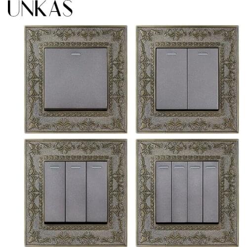UNKAS 1 2 3 4 Gang 1 / 2 Way Wall Light On / Off Switch Grey 4D Embossing Panel Retro Zinc Alloy Luxury Pass Through Gray 86MM