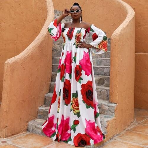 African Print Evening Dresses For Women Summer Fashion Elegant Boho Maxi Dress 2021 New Off Shoulder Party Vacation Long Dress