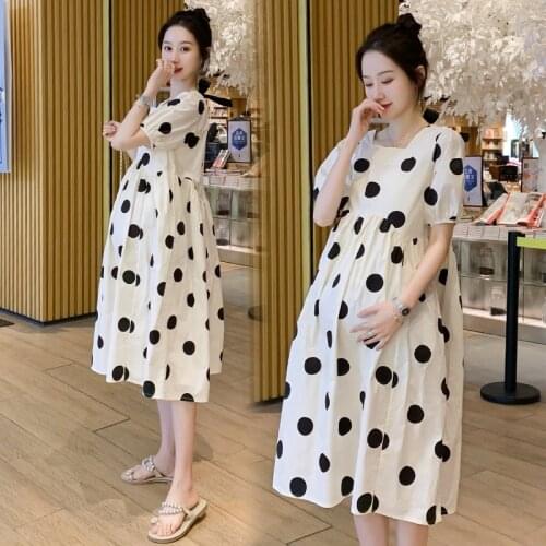 Maternity Spring Top Dot Maternity Dresses Cotton Summer High Waist Dress Pregnancy Clothes Plus Size Dress for Pregnant Women