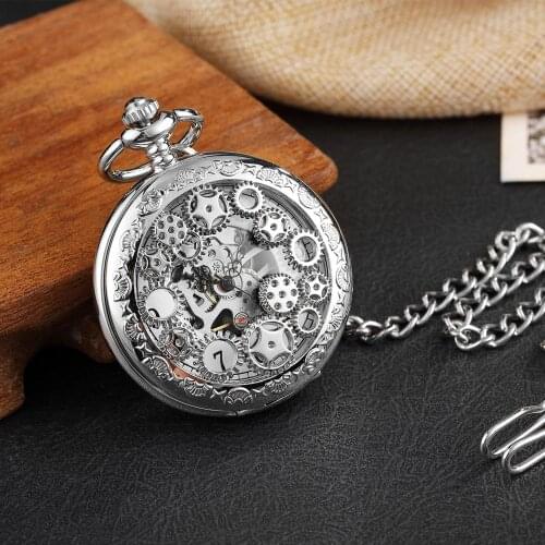 Vintage Silver Hand Wind Mechanical Pocket Watch Men Hollow Gear Double-sided Steampunk Skeleton Fob Watch Necklace With Chain