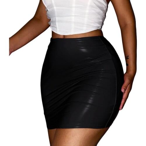 Women Summer Miniskirt PU Leather Solid Color High-Waist Tight Short One-Step Skirt for Girls, Black/Pink