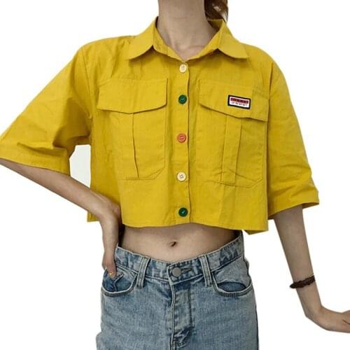 Womens High Street Style Appliques Turn-down Collar Casual Short Sleeve Rainbow Buttons Loose Single Breasted Blouse