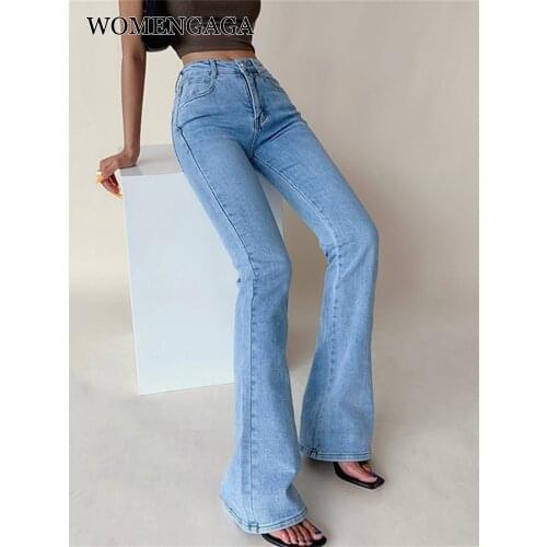 WOMENGAGA American High Waist Skinny Hip Jeans Women Slim Leg Long Casual Floor Sweeping Flared Pants Denim Trousers Kroean B8NC