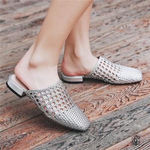 ENMAYER Women Slippers Summer Shoes Glitter Cutout Sandals Square Toe Low Heel Shoes Lady Footwear Silver Big Size Slippers