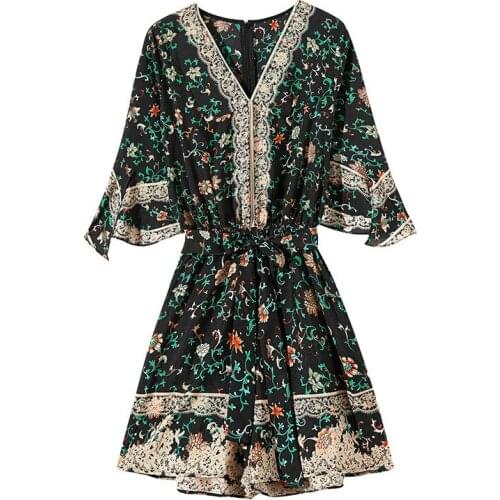 Summer 2020 New V Collar Horn Sleeve Lace Print Shorts Wide Legged Womens Pants