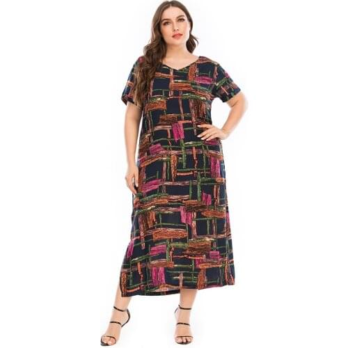 DOIB Women Plus Size Dress Print V Neck Split Large Size Dress 2020 Summer Loose Casual Big Size Dress