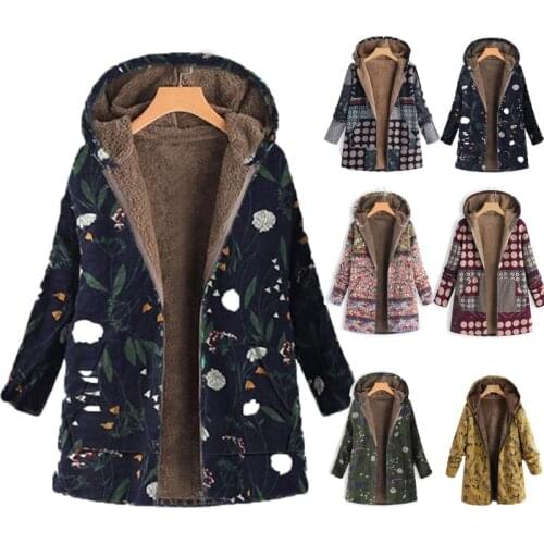 Women Print Winter Coat Casual PlusSize Fluffy Fleece Cozy Women Coat Warm Long Sleeve Zipper Hooded Female Coat Outwear