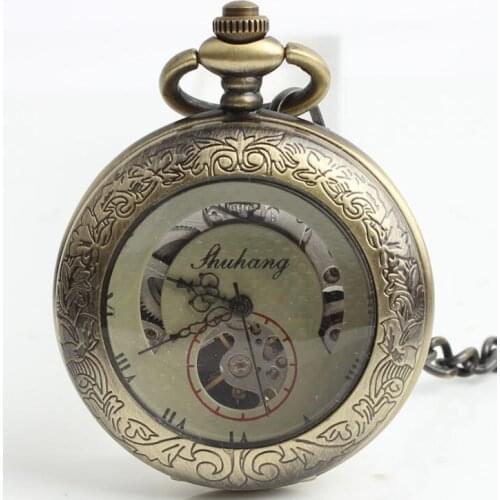 10pcs/lot Steampunk Bronze Skeleton Mechanical Pocket Watch Roman Dial Flip Women Men Pocket Watches