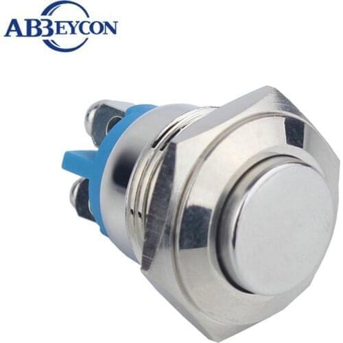 16mm Metal Shell 220V/120V Push Button Momentary Switch High Round Nickel Plated Brass 1NO Screw Terminal Waterproof Switch