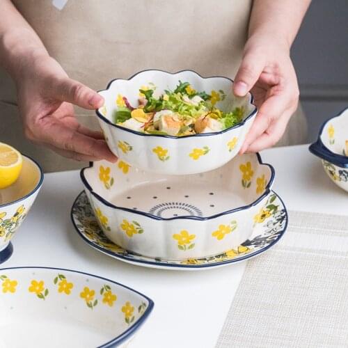 EECAMAIL Hand-painted Ceramic Tableware Set Household Binaural Baking Plate Mark Water Cup Salad Bowl Western Flat Plate