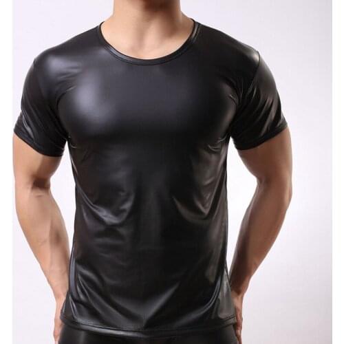 Men T-shirt PU Leather Sexy Bodystocking Muscle Fitness Streetwear T Shirt Male Short Sleeve Undershirts Gay Stretch Tops Tees