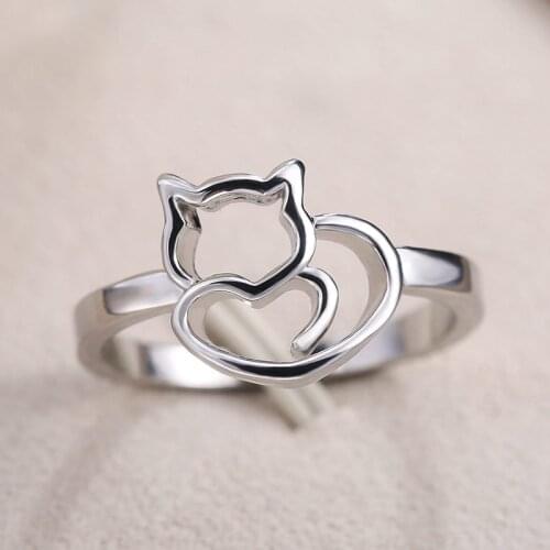 USTAR Lovely Naughty Cat & Heart silver color rings for women Girl animal jewelry finger rings female Party anel bague