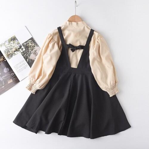 Teen Girls Clothing Spring 2021 New Autumn Cotton Long Sleeve Blouse And Black Dress Sets Elegant Kids Clothes Sets Girl Dress