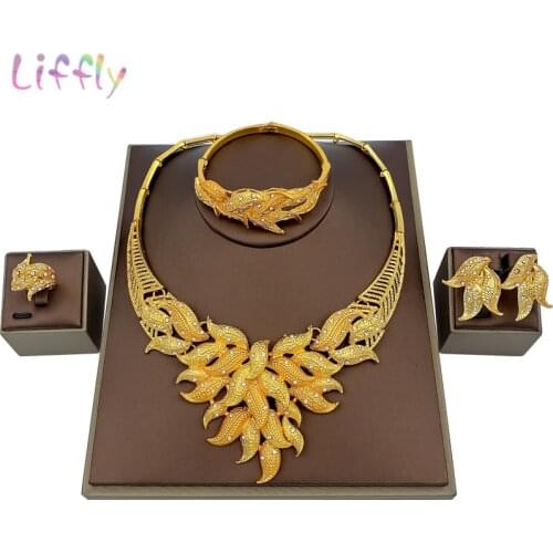 Liffly Nigeria Wedding Jewelry Sets Charm Bridal Necklace Bracelet Earrings Ring Leaf Shape Jewelry Party Fashion Jewelry Set