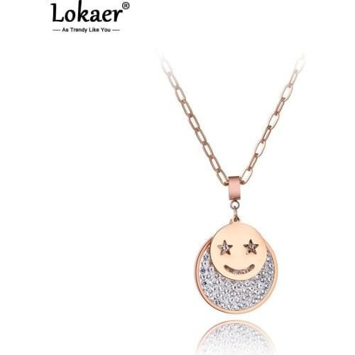 Lokaer Trendy Stainless Steel Smiley Face CZ Crystal Pendant Necklaces For Women Girls Clay Rhinestone Choker Necklace N19169