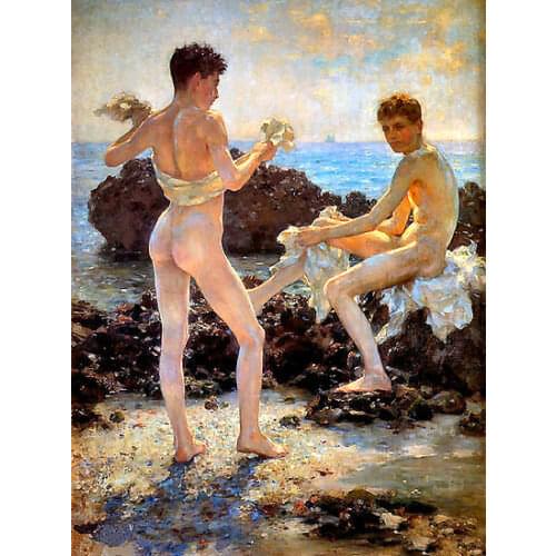 GAY Oil painting Henry Scott Tuke young boys after swimming in summer by beach