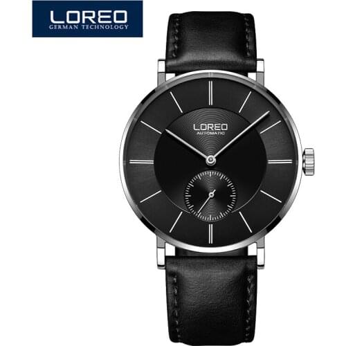 LOREO New Mens Classic Ultra-thin Mechanical Watches Business Waterproof Clock Luxury Brand Genuine Leather Automatic Watch