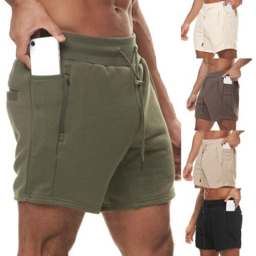 2021 Summer Fitness Shorts Solid Color Multi Pockets Men Mid Rise Drawstring Zipper Shorts for Training