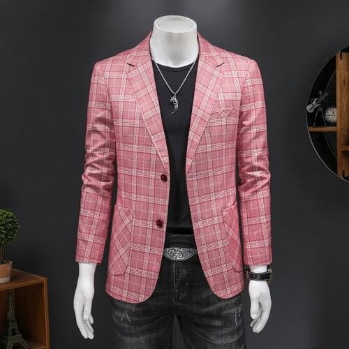 Khaki Pink Plaid Blazer Jacket 5XL Slim Fit Korean Style Men Blazer Dress Prom Blazers For Men Casual Club Stage Wear Q1309