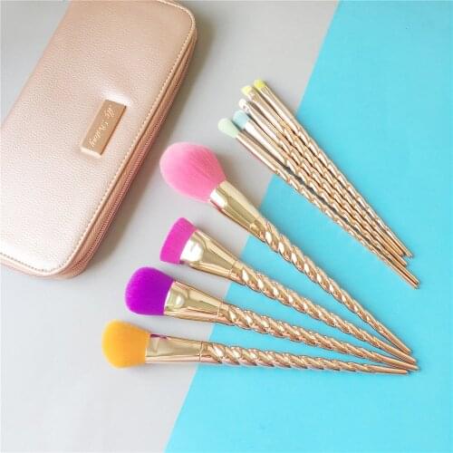 My Destiny Spiral-Shape Unicorn Brush Set 9-piece High Quality Synthetic Brush Kit with Leather Pouch Beauty Makeup Blender Tool