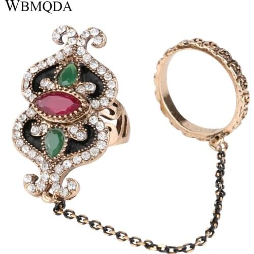 Ethnic Black Enamel Crystal Chain Ring Set Bohemian Colorful Resin Two Finger Rings For Women Vintage Indian Jewelry 2018