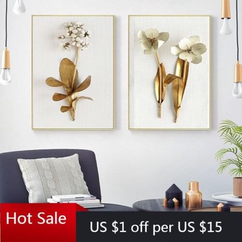 Golden Plant Leaves Flowers Wall Art Poster Nordic Abstract Canvas Painting for Aisle Living Room Decoration Modern Decor