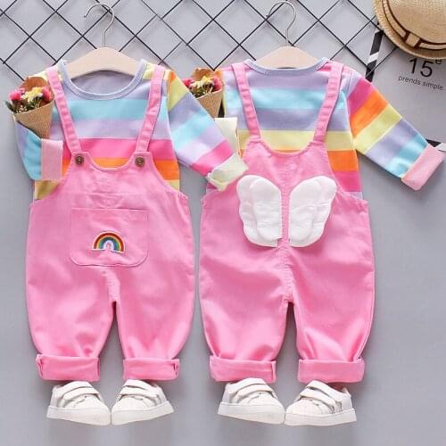 Baby girl clothes baby girl spring and autumn cute rainbow wings overalls suits baby girl cotton sweater tops overalls suits