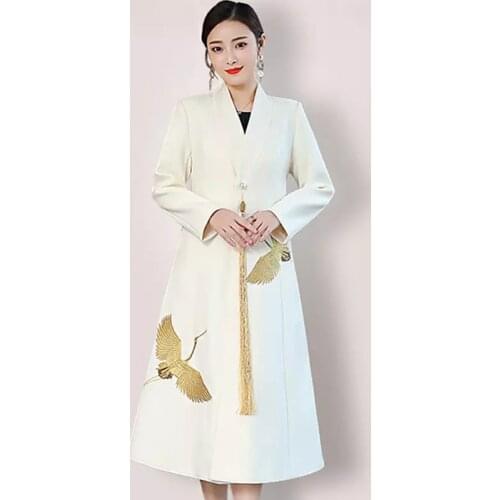 Autumn Winter Woman Coats 2020 Fashion Trench Coat Embroidered V-neck Gray Wool Coat Women Long Coat Korean Feminine Tops Mujer