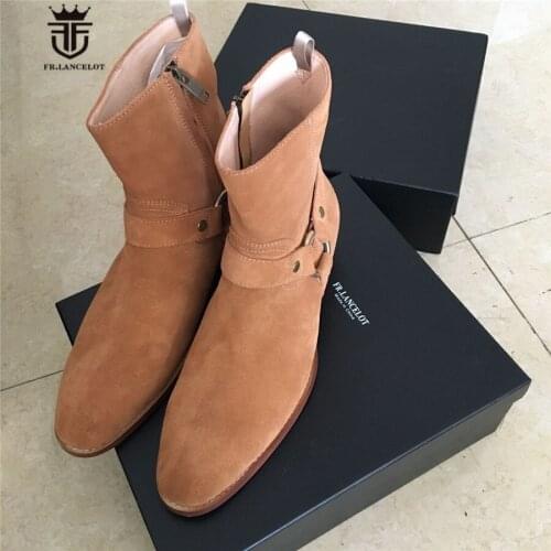 Real Picture Luxury Handmade Classical Wyatt Homme Luxury Slim Fit Real Suede Leather High Top Boots Harness Chelsea Boots