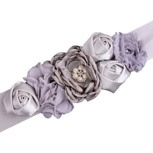 Gray Flower Belt Satin Ribbons Rhinestone Flower Sash Belt Kids Wedding Flower Girl Belt Bridesmaid Maternity Sash Accessory