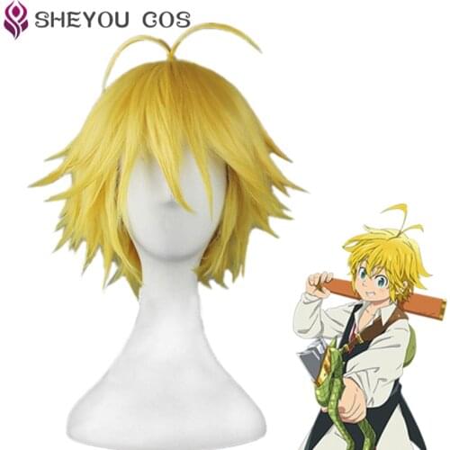 The Seven Deadly Sins Meliodas Cos Wig Dragons Sin of Wrath Golden Heat Resistant Hair Cosplay Wigs + Wig Cap