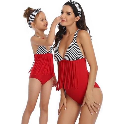 Family Matching Mother Daughter Bikini Women Kids Baby Girl One-Piece Swimsuit Halter Tassels Swimwear Backless Bikini Beachwear