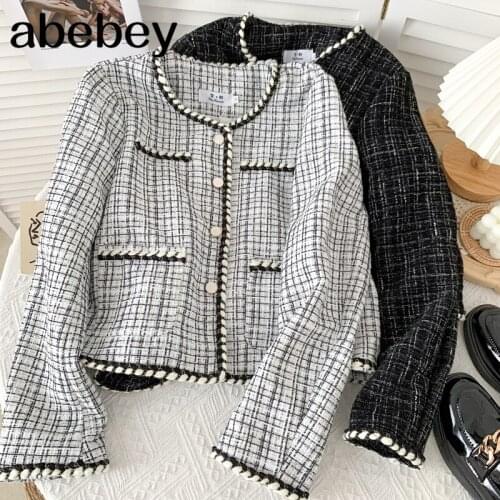 Vintage O-neck long sleeve knitted coat bright silk patchwork single breasted short tweed plaid Jacket 2021 New Spring Autumn