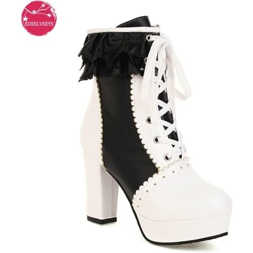 Kawaii Chunky High Heels Lolita Ankle Boots Womens Office Party Lace Up Brogues Platform Shoes Cosplay Motorcycle Snow Boots
