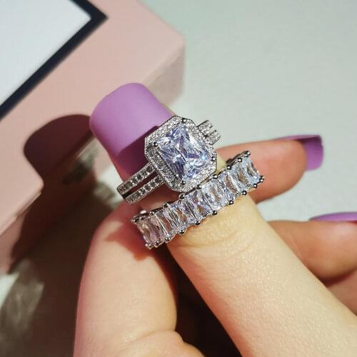 Hot Selling Luxury Princess 925 Sterling Silver Wedding Ring Set For Women Lady Anniversary Gift Jewelry Wholesale Moonso R6000