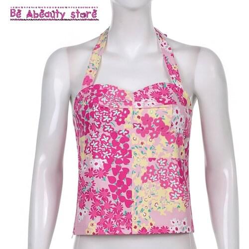 Floral Printed Halter y2k Aesthetic Camis Backless Beach Corset Tops Women Summer Sweats Mini Vest Streetwear